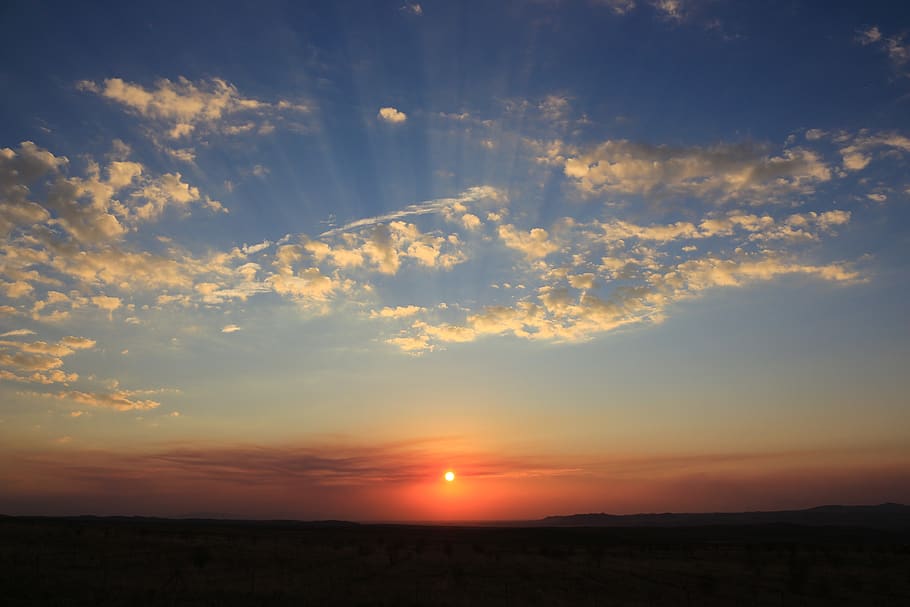 sunset, cloud, sky, solar, blue, orange, beam, in the evening HD wallpaper