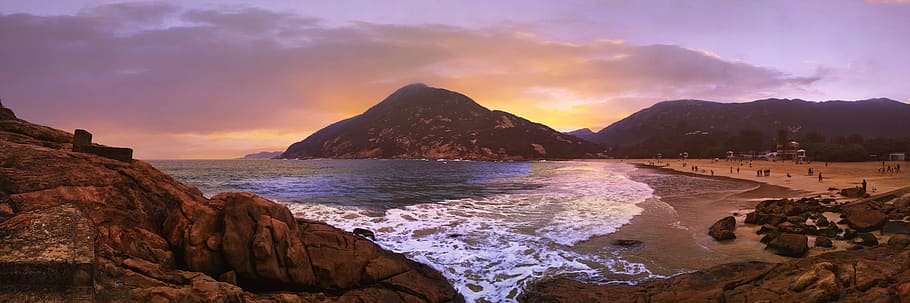 View of Beach at Sunset, dawn, daylight, evening, landscape, mountains HD wallpaper