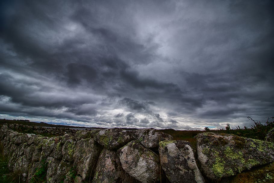 rocks under cloudy sky, cloud - sky, storm, rock - object, storm cloud HD wallpaper
