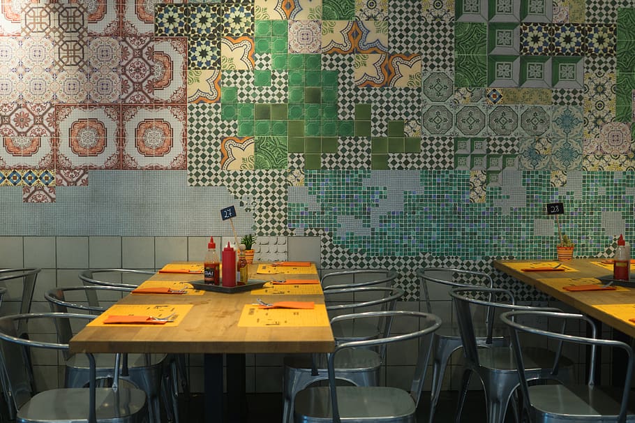 Red Ketchup Plastic Bottle on Top of Brown Table, chairs, restaurant HD wallpaper