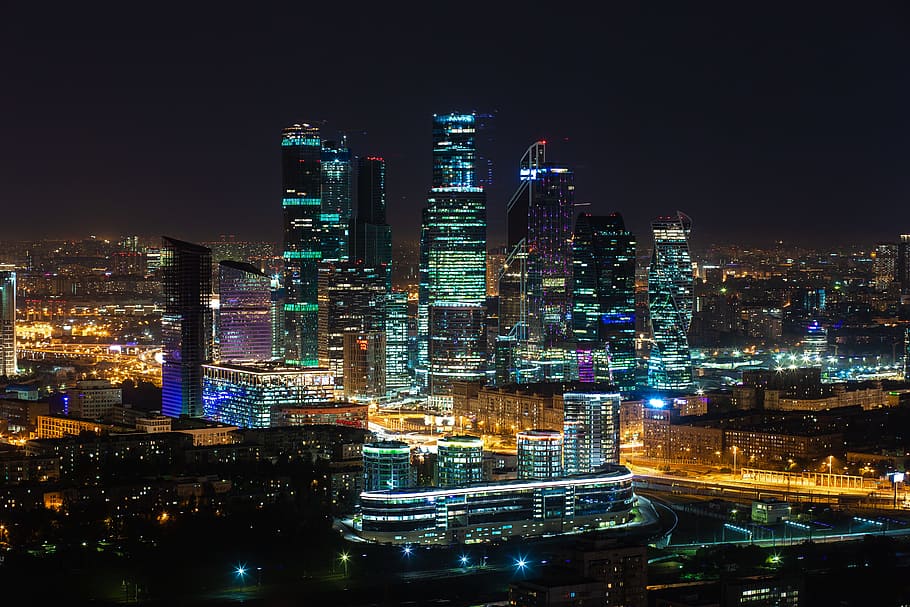 aerial photo of city buildings during nighttime, cityscape, skyline, HD wallpaper