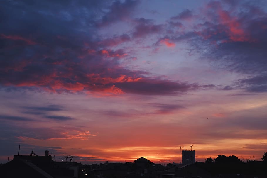 city, view, sunset, sky, clouds, pink, blue, beautiful, nature HD wallpaper