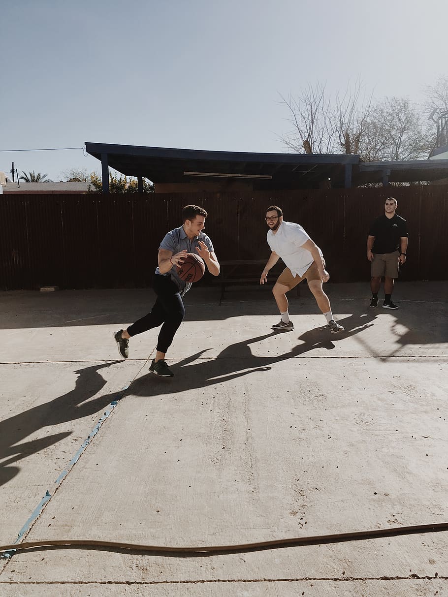 three men playing basketball, person, human, apparel, shoe, clothing HD wallpaper