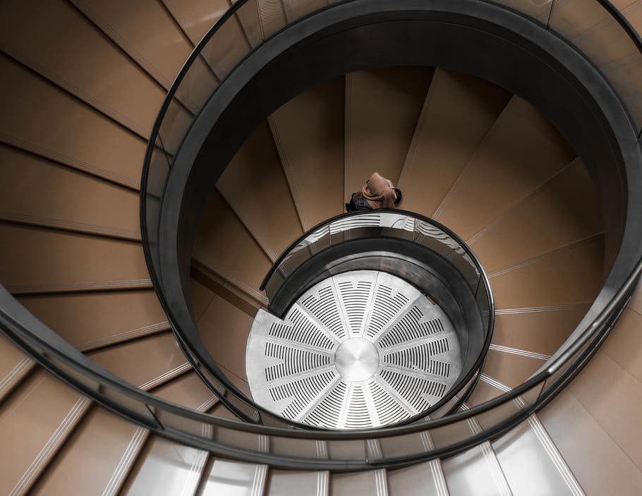High-angle Photography of Brown Spiral Stair, architecture, building, HD wallpaper