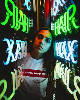 Woman in the Middle of Neon Signage, close-up, commerce, dark HD wallpaper