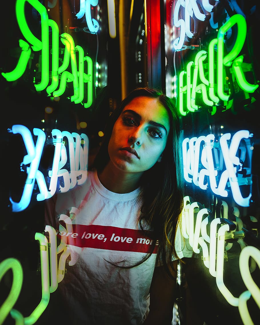 Woman in the Middle of Neon Signage, close-up, commerce, dark HD wallpaper