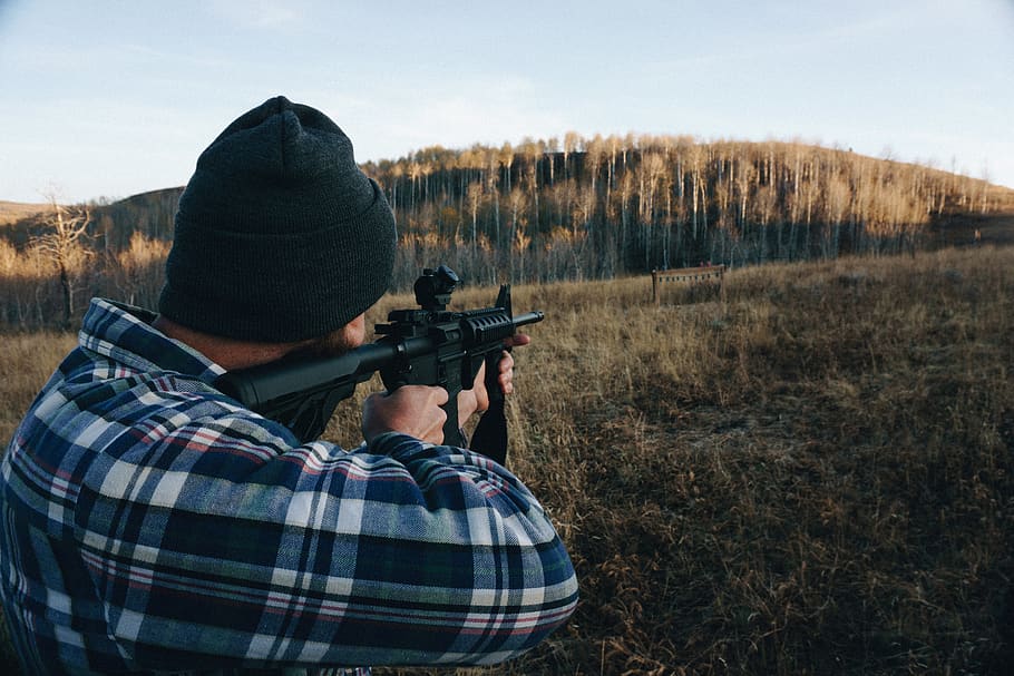 guns, ar15, forest, woods, shooting, targets, flannel, deadshot, HD wallpaper
