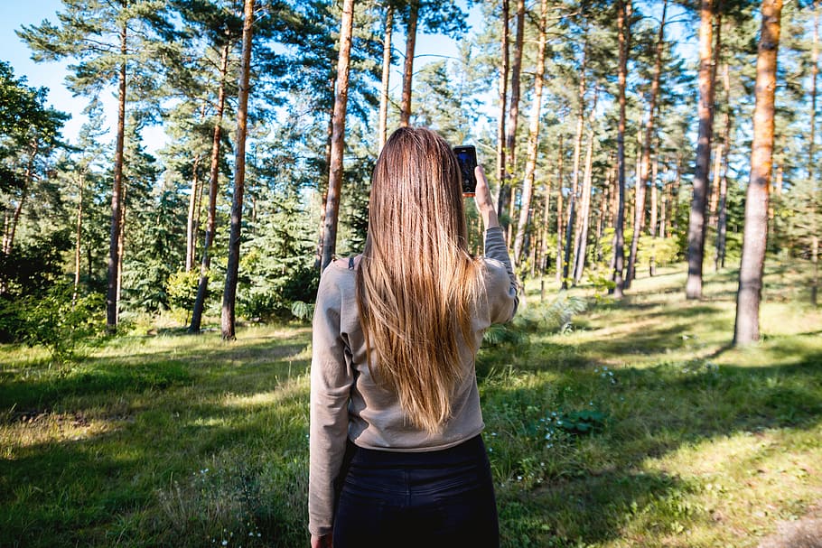 Beauty brunette girl make photo with her smartphone in the forest HD wallpaper