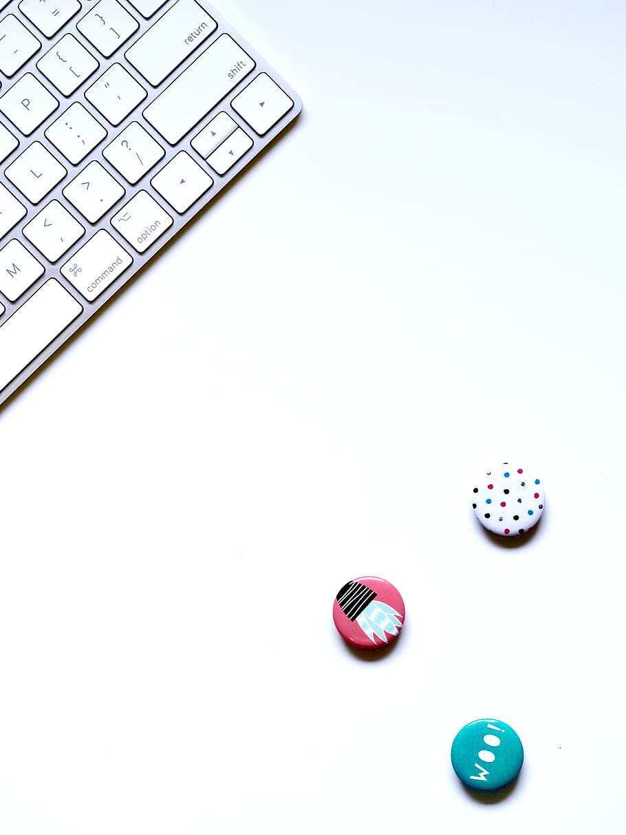 Flat-lay Photography of Three Buttons Near Keyboard, design, desktop wallpaper HD wallpaper