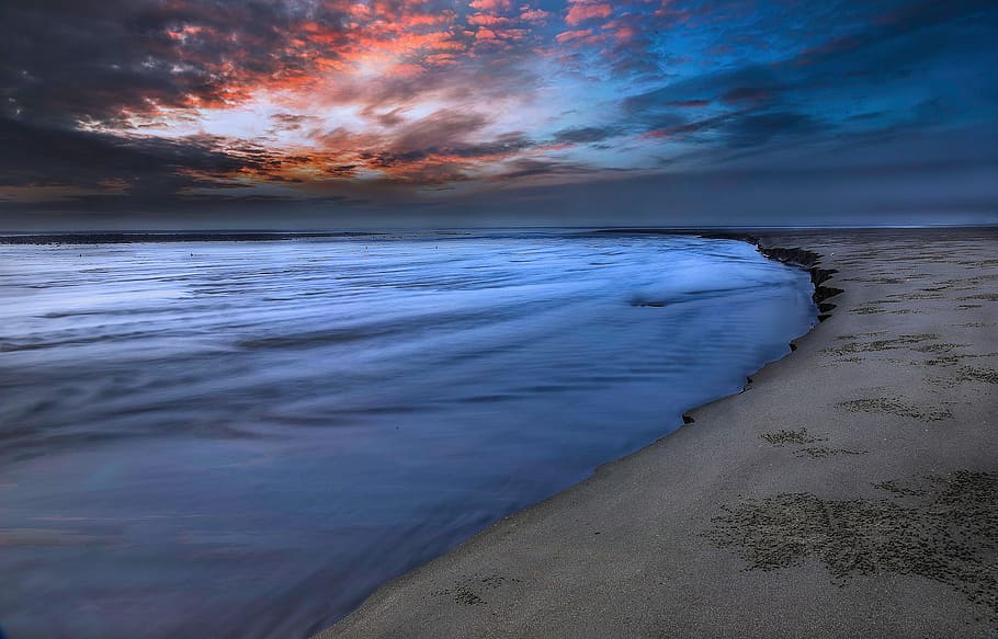 Seashore Under Blue Sky Photography, afterglow, beach, clouds HD wallpaper