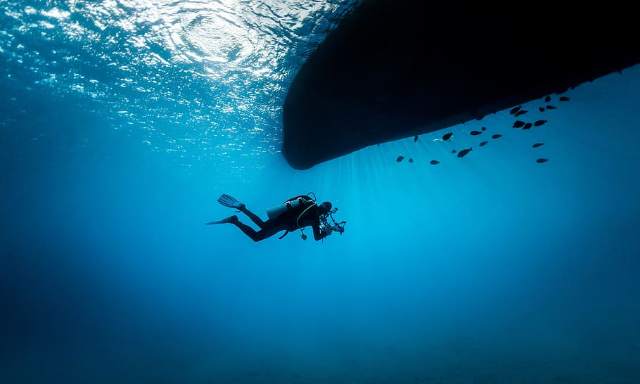 diver on sea, boat, fish, scubadiver, ocean, water, underwater HD wallpaper