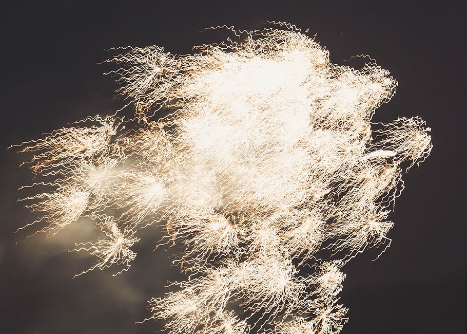 Yellow Fireworks, 2018, bright, celebration, dark, light, night HD wallpaper