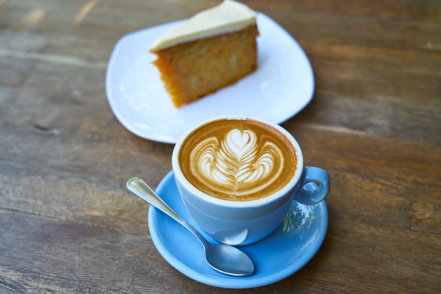 Cappuccino Beside Sliced Cake, background, beautiful, beverage HD wallpaper