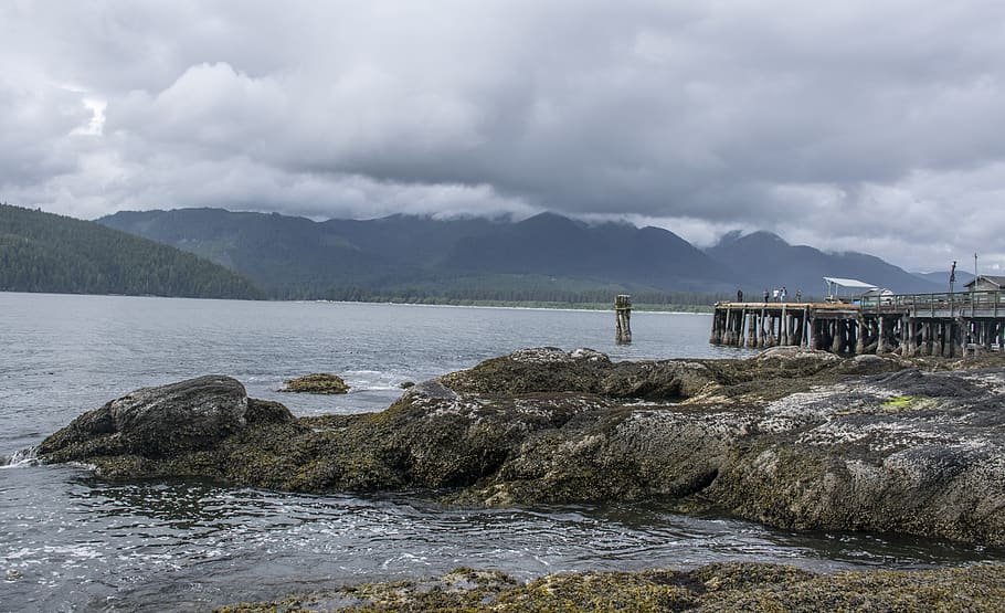rocks, wind, pier, sea, clouds, british columbia, canada, overcast HD wallpaper