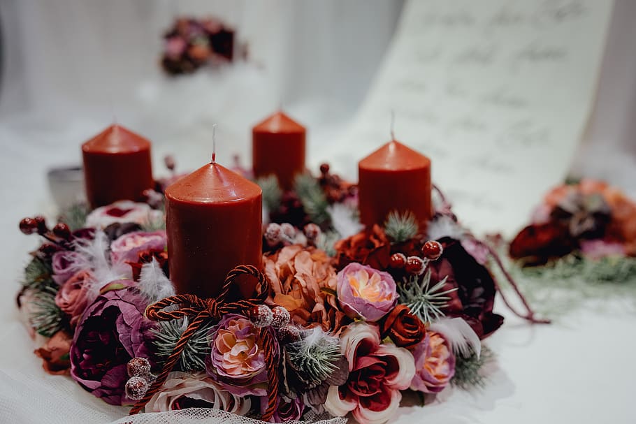 Four Red Pillar Candles on White Surface, advent, bow, candlelight HD wallpaper