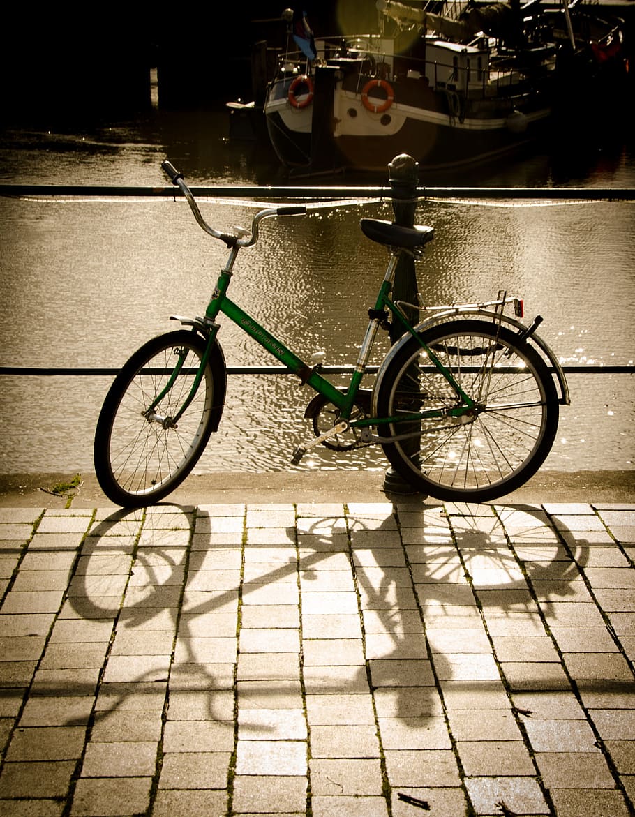shadow, bike, cycle, bicycle, ride, sunny, river, water, lake HD wallpaper
