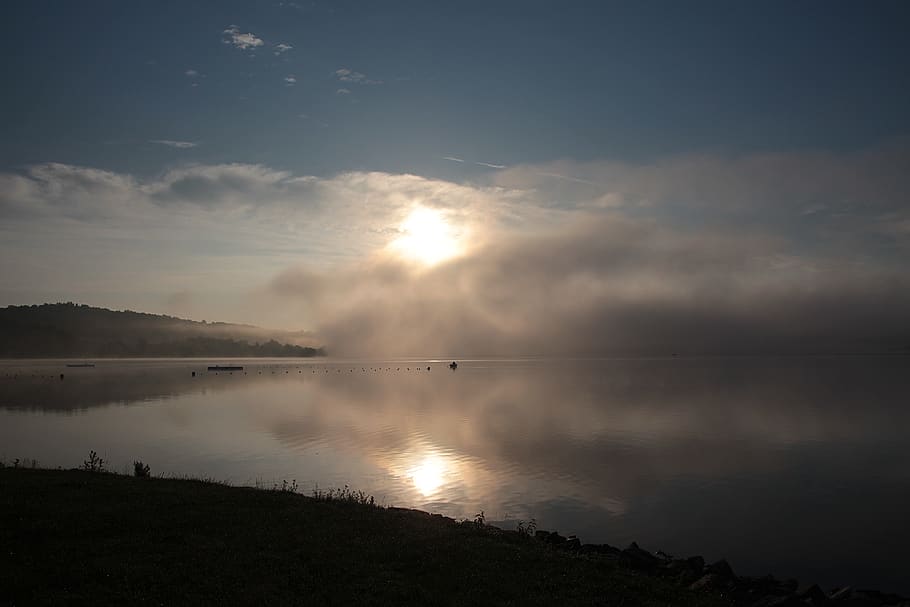 lake, morning sun, fog, water nature, morgenstimmung, sunlight, HD wallpaper