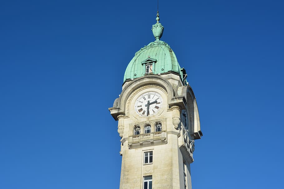 campanile, clock, station, limoges, roof copper, blue, sky, HD wallpaper