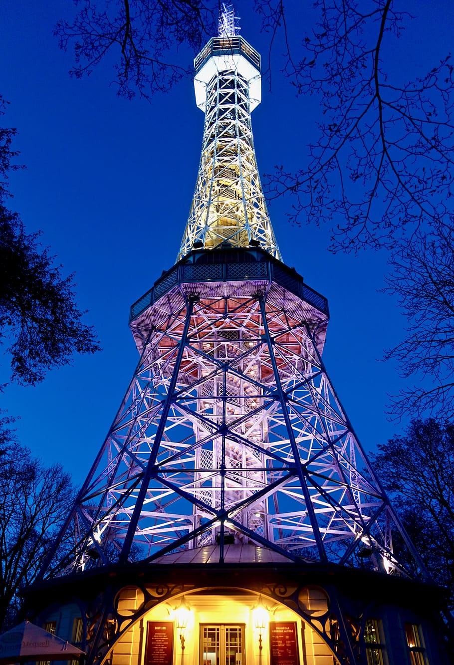tower, nightsky, branches, tree, low angle view, architecture HD wallpaper