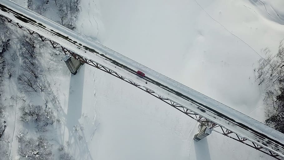 red vehicle on road, snow, nature, outdoors, ice, winter, bridge HD wallpaper