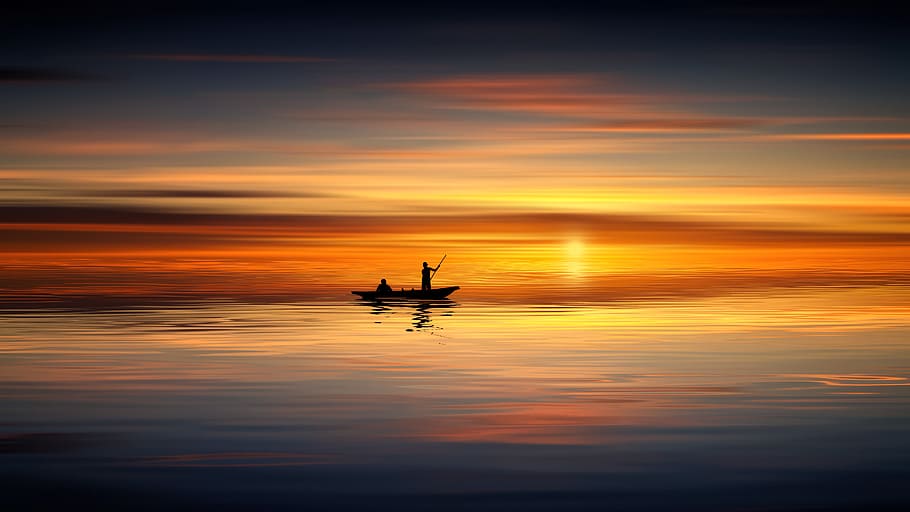 silhouette photo of person on boat, scenery, sunset, landscape, HD wallpaper