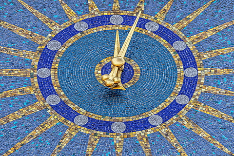 clock tower, blue, yellow, gold, five to twelve, decorative HD wallpaper