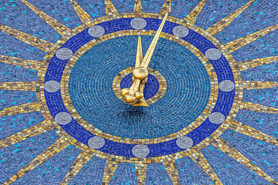 clock tower, blue, yellow, gold, five to twelve, decorative HD wallpaper