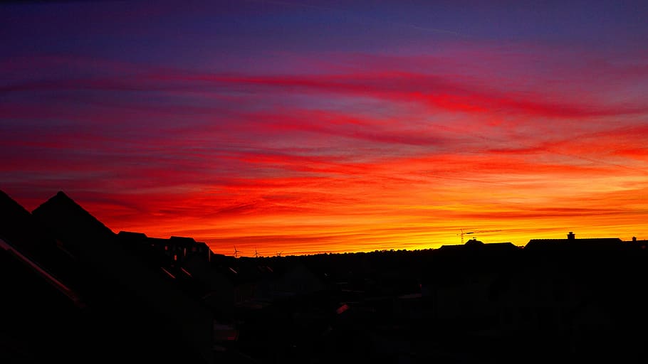 sunset, clouds, skyline, roofs, windräder, silhouette, bright red HD wallpaper