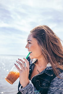 Refreshing ice coffee, beach, drink, people, person, straw, summer HD wallpaper