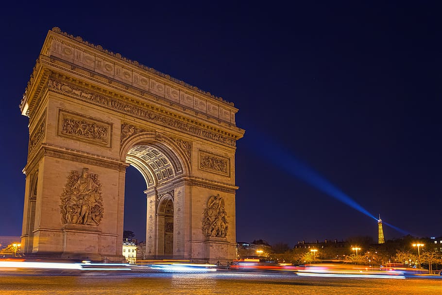 Arc De Triomphe during Night Time, arch, arched, architecture HD wallpaper