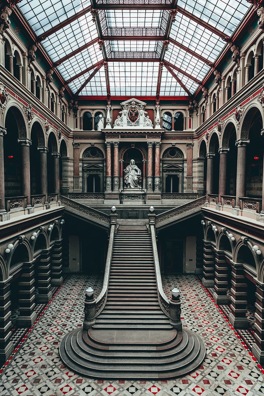 brown and white 2-storey hall, skylight, pillar, column, building HD wallpaper