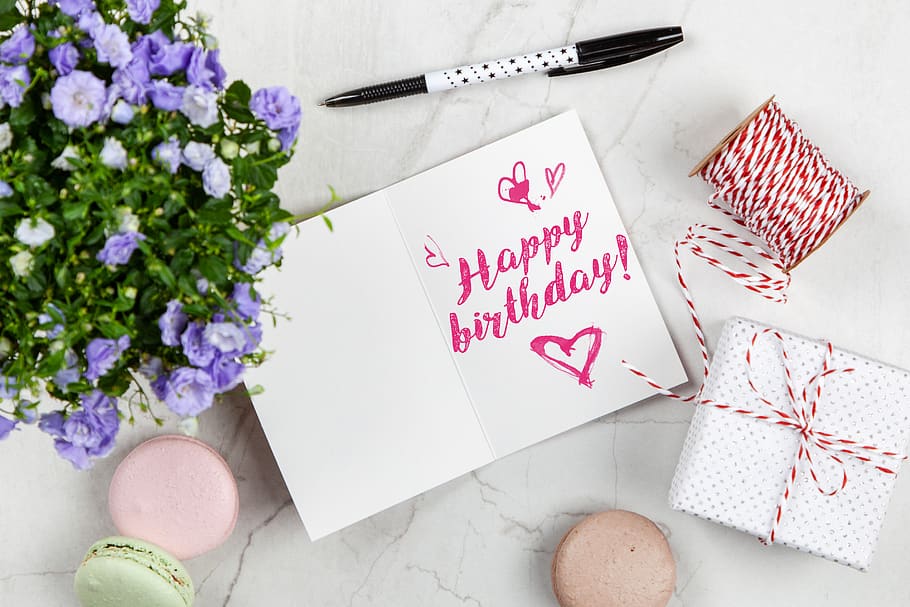 Happy Birthday Card Beside Flower, Thread, Box, and Macaroons, HD wallpaper