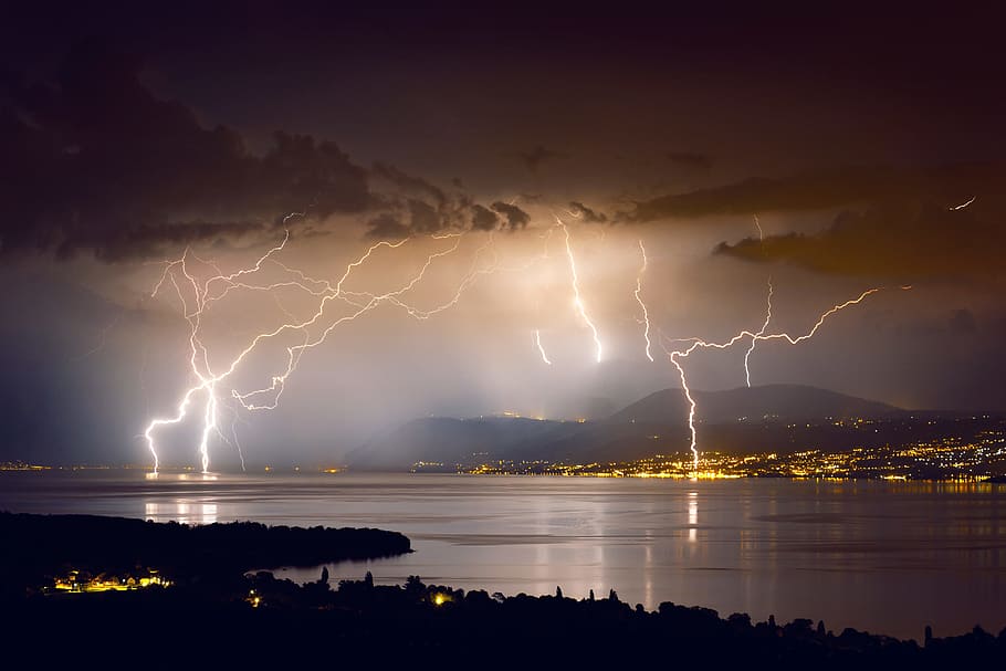 lighting strike during night time, lightning, bolt, storm, lake
