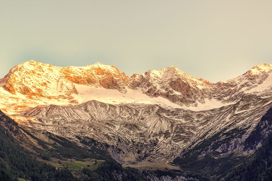 Gray Snowy Mountain, adventure, alps, climb, cold, conifer, dawn HD wallpaper