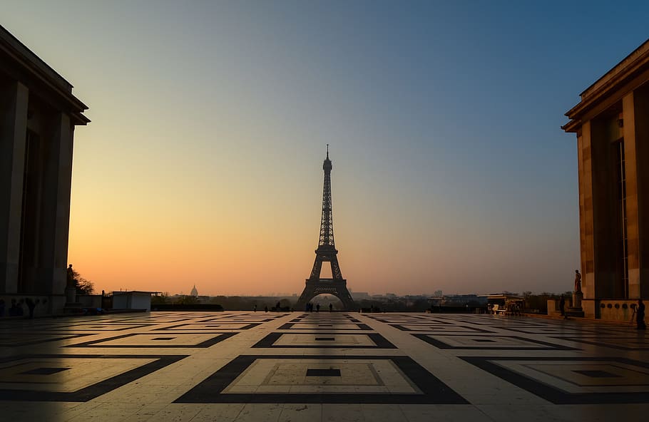 eiffel tower, sunrise, paris, trocadéro, architecture, urban, HD wallpaper