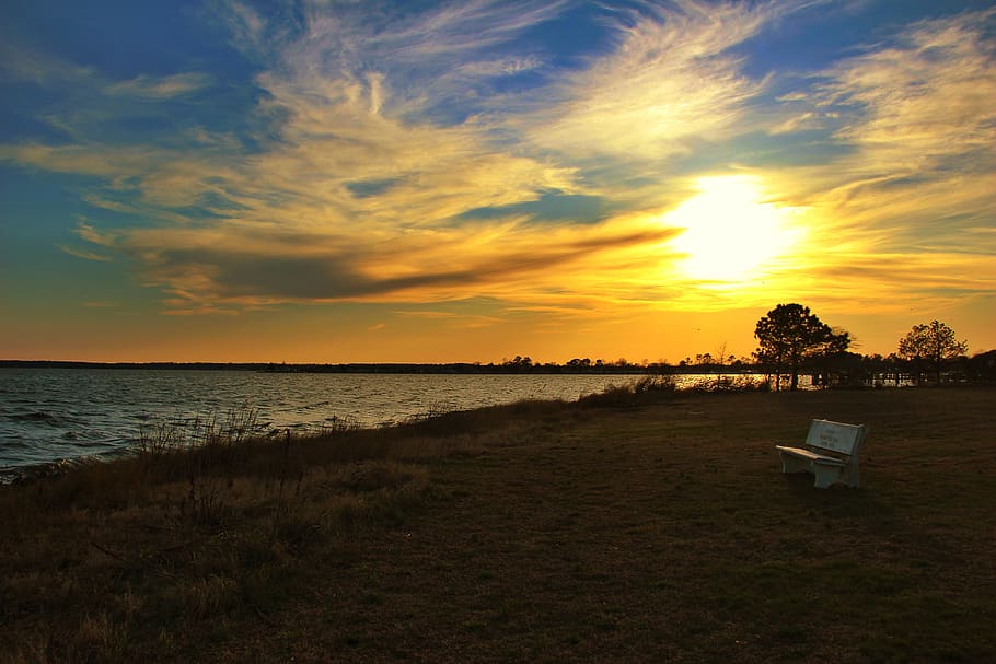 sunset, bay, bench, sky, water, scenics - nature, land, cloud - sky HD wallpaper