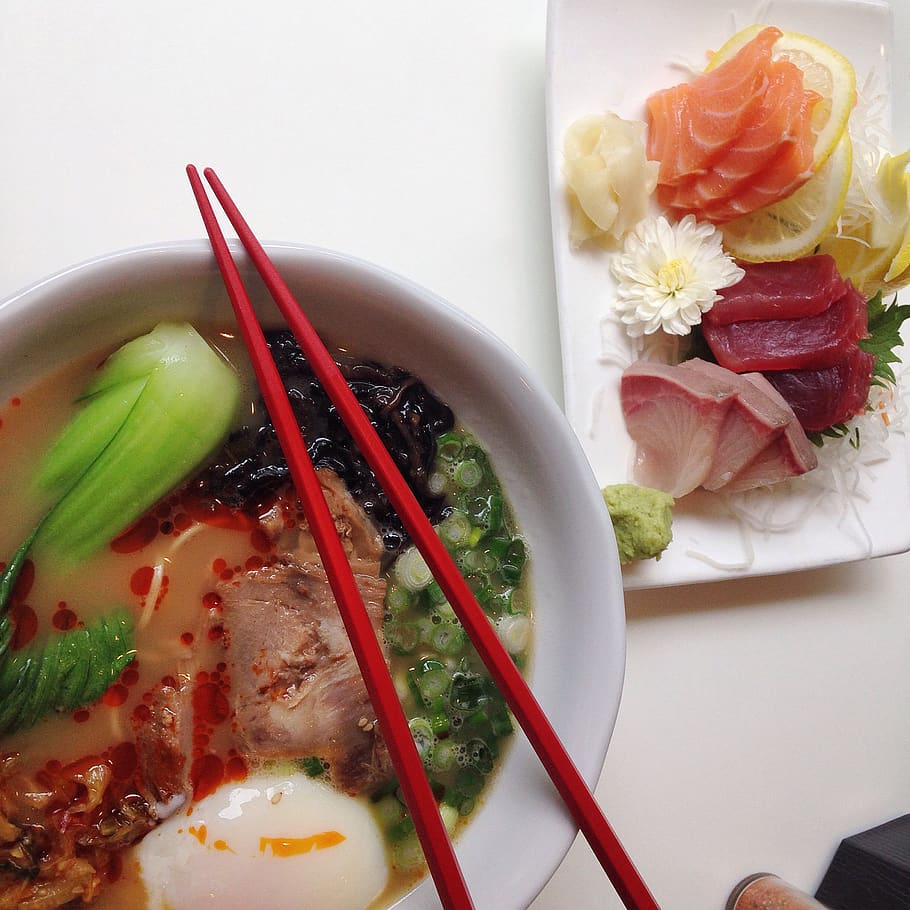 pho, soup, sushi, sashimi, fish, food, chopsticks, bowl, food and drink HD wallpaper