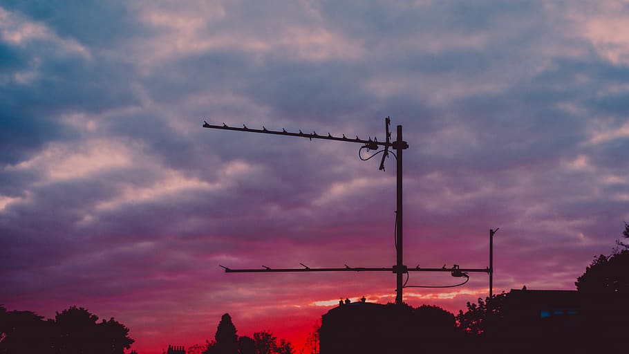 blue, pink, orange, red, sunset, antenna, cloud - sky, silhouette HD wallpaper