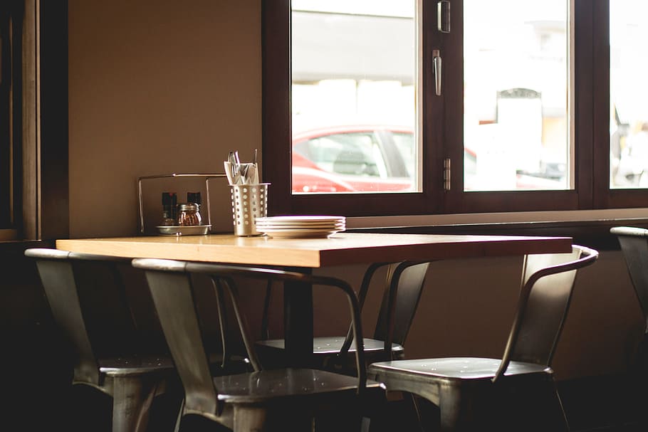 desk, table, chair, restaurant, office, plate, diner, furniture HD wallpaper