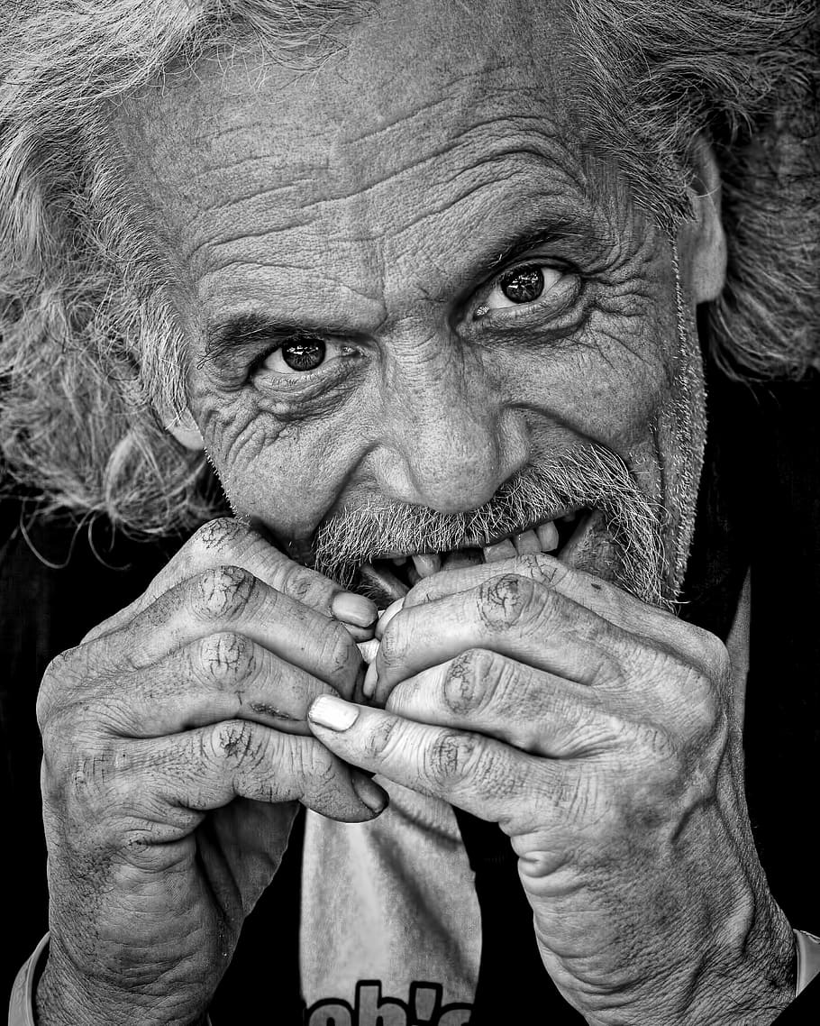 Grayscale Photography of Man Eating, adult, black-and-white, charity