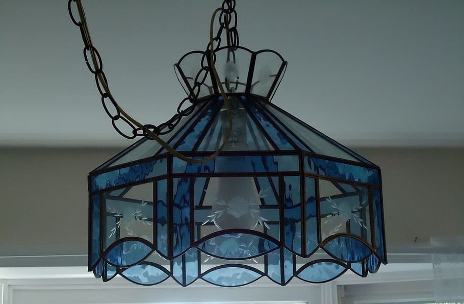 tiffany, lamp, shade, lampshade, blue, glass, stained, light, HD wallpaper