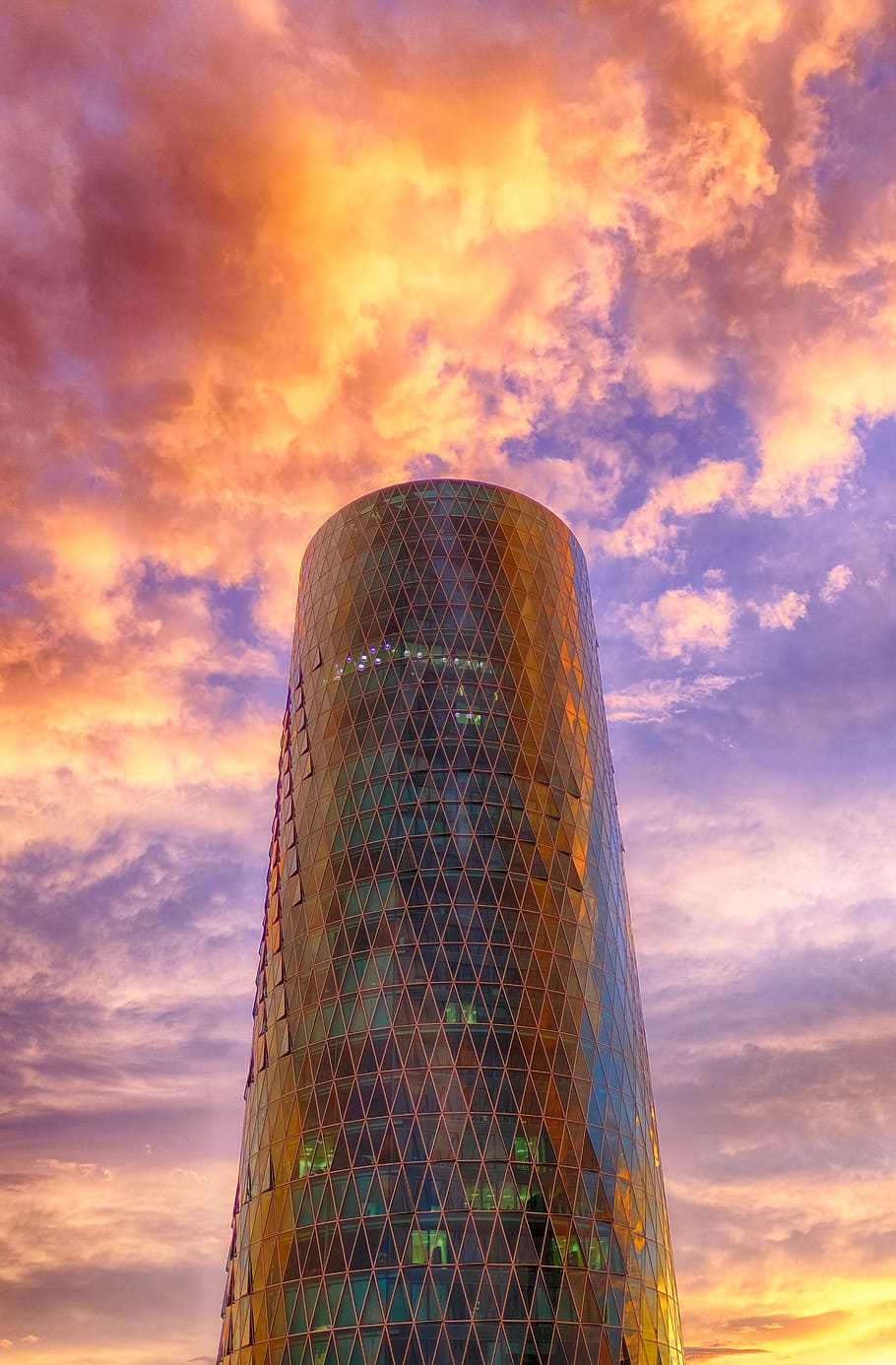 skyline, skyscraper, glass, window, city, clouds, sunset, architecture HD wallpaper