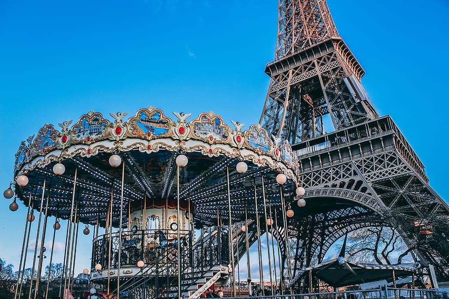 Eiffel Tower, architecture, building, carousel, daylight, famous, HD wallpaper