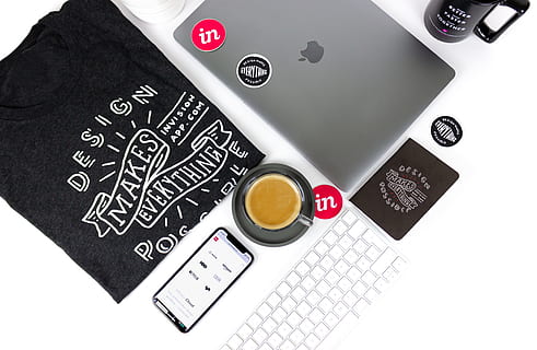 flat lay photography, laptop, keyboard, cup, coffee, tshirt, interior design HD wallpaper