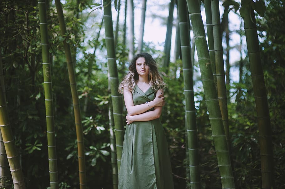 woman in green dress near bamboo trees, person, portrait, standing HD wallpaper