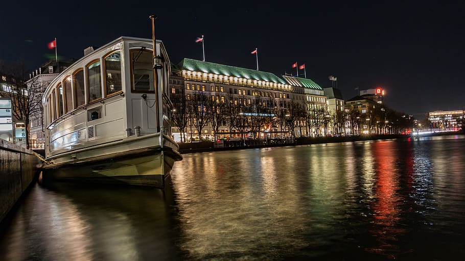 hamburg, alster, evening, night, dark, water, jungfernstieg, HD wallpaper