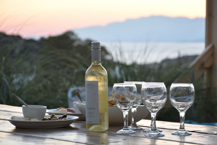 summer, aperitif, sea view, wine, table, terrace, abendstimmung HD wallpaper