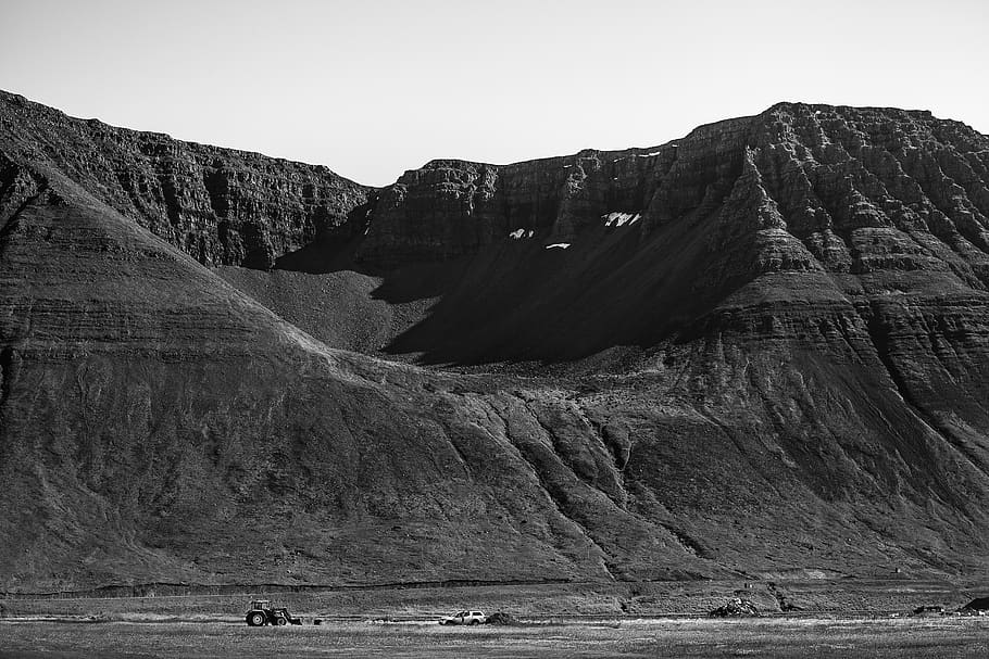 iceland, ísafjörður, mountain, fjord, black and white, greyscale