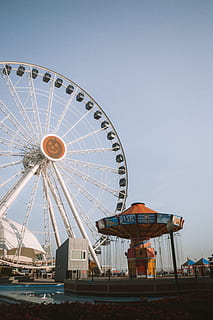 ferris wheel, amusement park, navy pier, vehicle, boat, transportation HD wallpaper