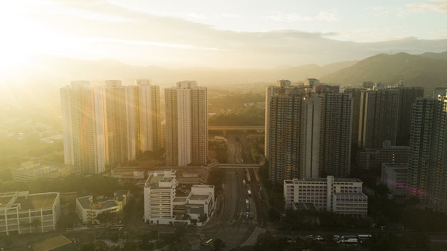 hong kong, tin shui wai, sun, sunray, morning, skyscraper, lensflare, HD wallpaper